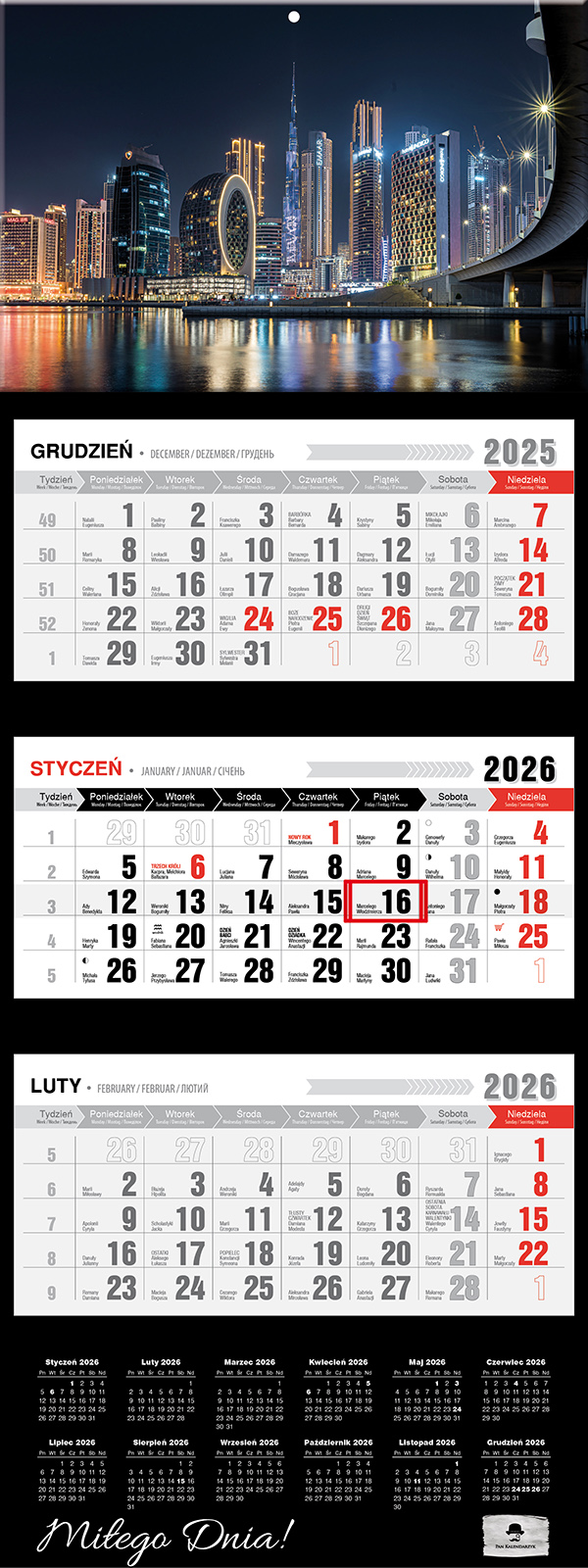 Kalendarz naścienny trójdzielny 32x81cm 2026 Dubai Pan Kalendarzyk