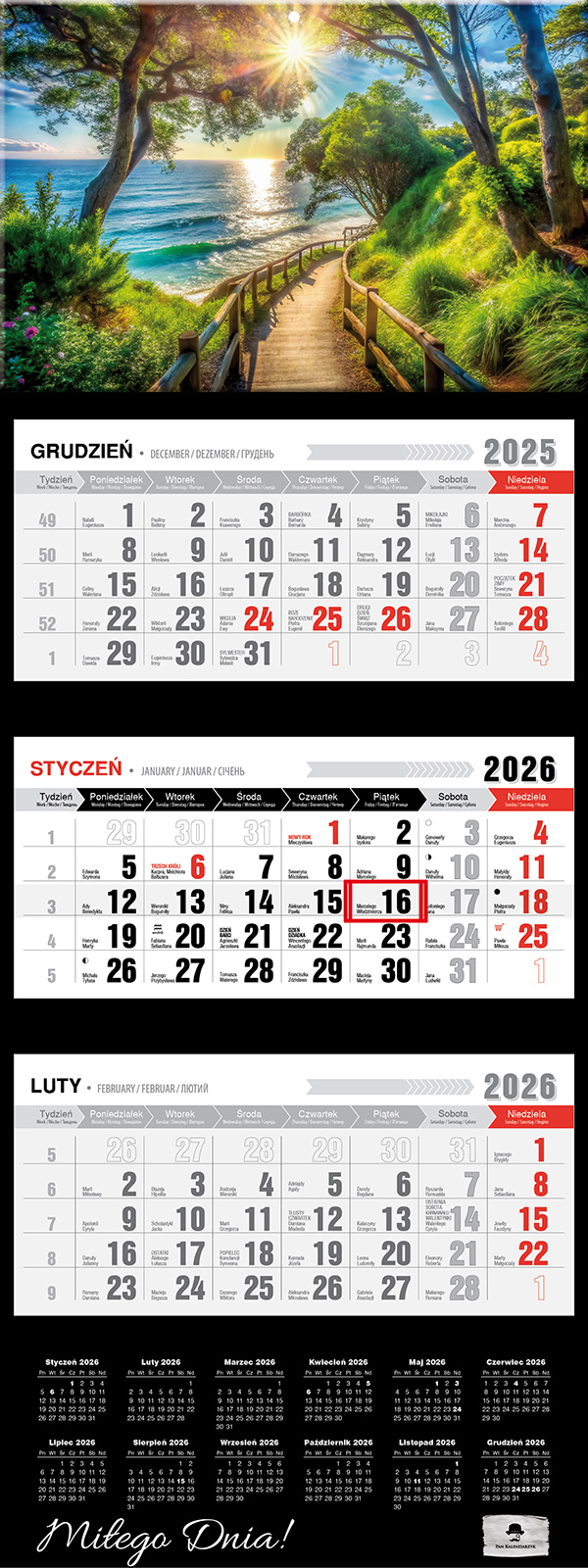 Kalendarz naścienny trójdzielny 32x81cm 2026 pejzaż Pan Kalendarzyk