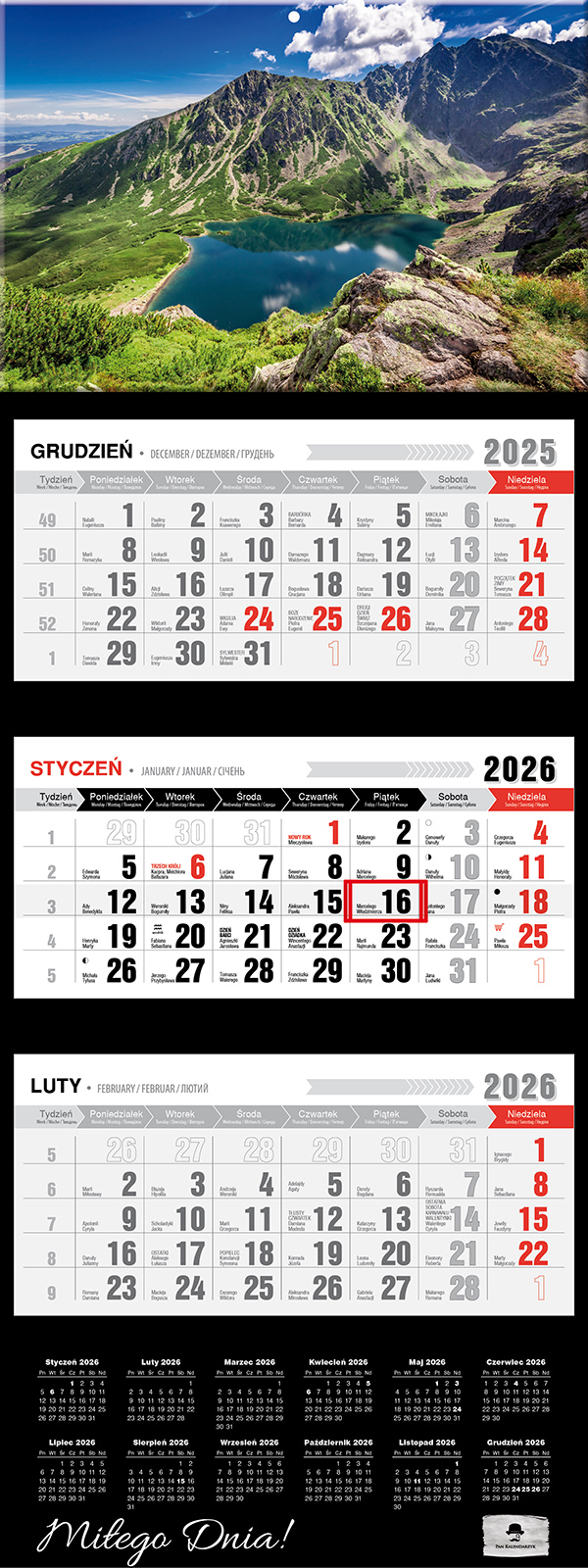 Kalendarz naścienny trójdzielny 32x81cm 2026 Czarny Staw Pan Kalendarzyk