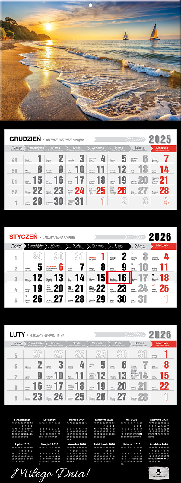Kalendarz naścienny trójdzielny 32x81cm 2026 żaglówka Pan Kalendarzyk