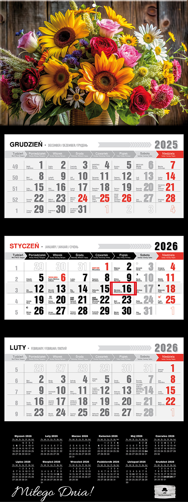 Kalendarz naścienny trójdzielny 32x81cm 2026 bukiet Pan Kalendarzyk