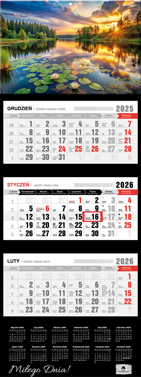 Kalendarz naścienny trójdzielny 32x81cm 2026 Mazury Pan Kalendarzyk