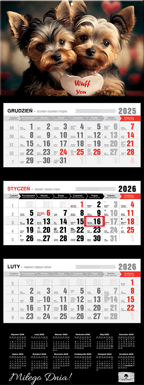 Kalendarz naścienny trójdzielny 32x81cm 2026 pieski Pan Kalendarzyk