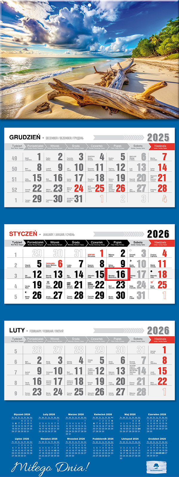 Kalendarz naścienny trójdzielny 32x81cm 2026 plaża Pan Kalendarzyk