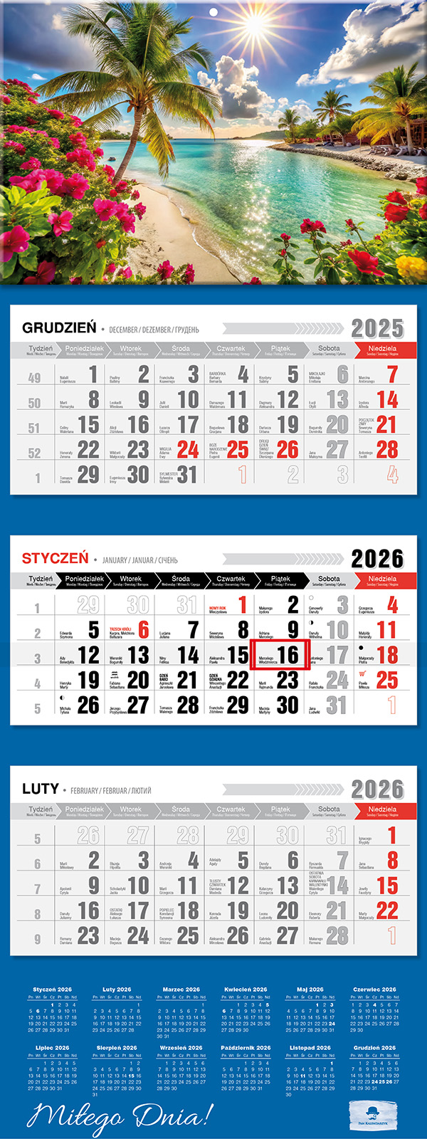 Kalendarz naścienny trójdzielny 32x81cm 2026 tropik Pan Kalendarzyk