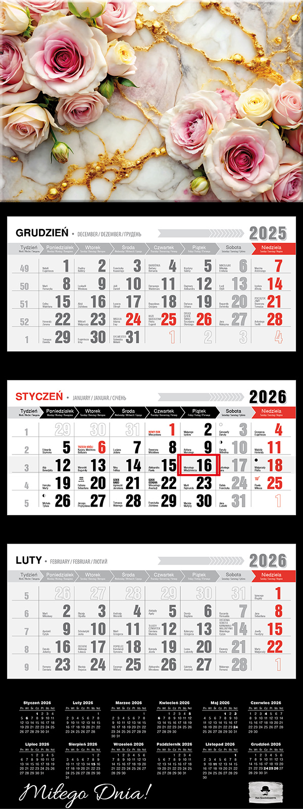 Kalendarz naścienny trójdzielny 32x81cm 2026 Vintage Pan Kalendarzyk