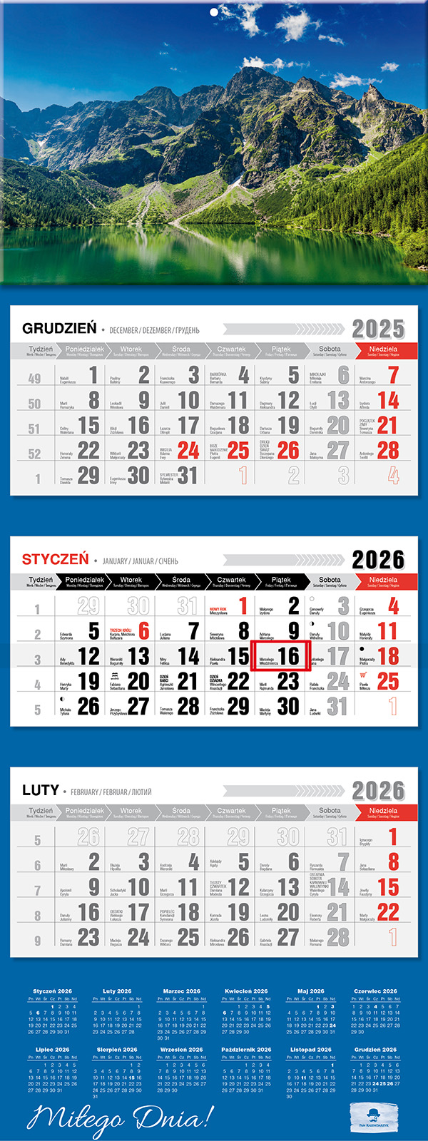 Kalendarz naścienny trójdzielny 32x81cm 2026 Morskie Oko Pan Kalendarzyk