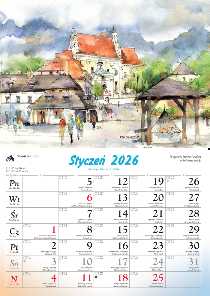 Kalendarz naścienny rodzinny 28x40cm 2026 miasta w akwareli Lucrum