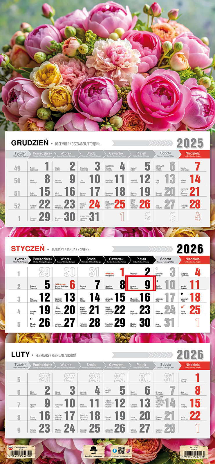 Kalendarz naścienny trójdzielny 32x68cm 2026 kwiaty Pan Kalendarzyk