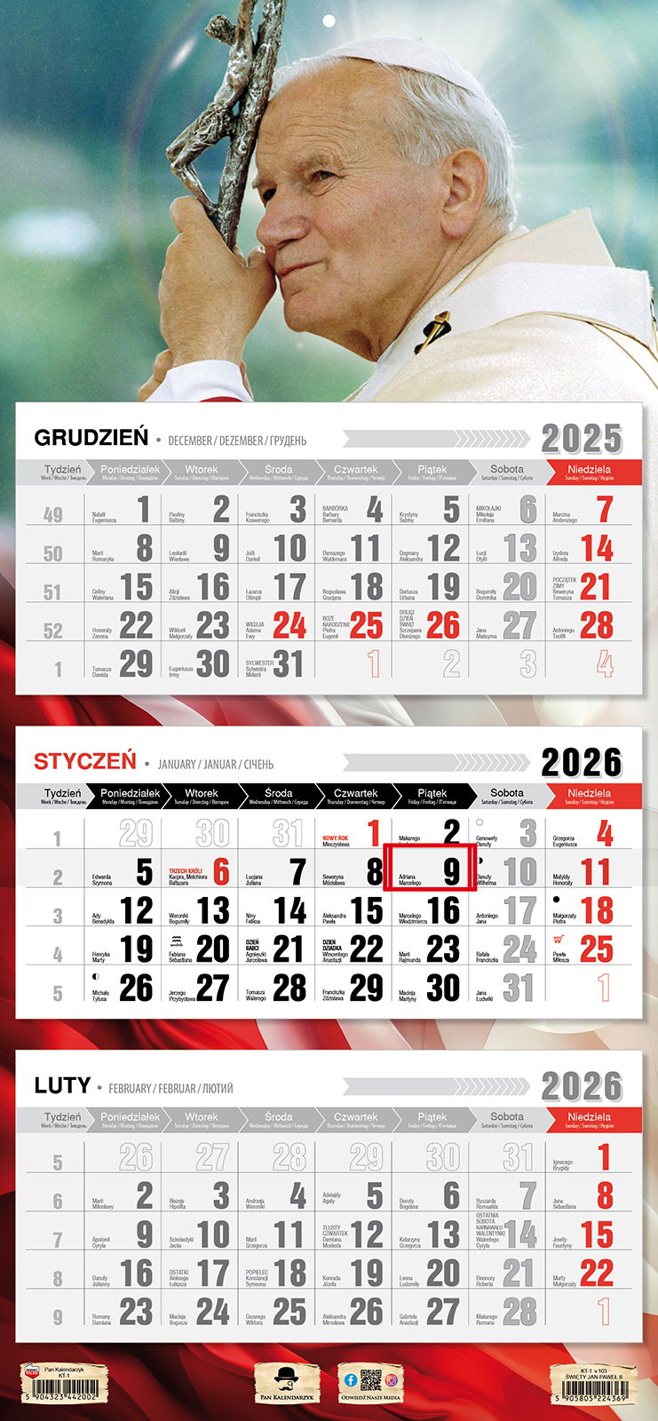 Kalendarz naścienny trójdzielny 32x68cm 2026 Jan Paweł II Pan Kalendarzyk