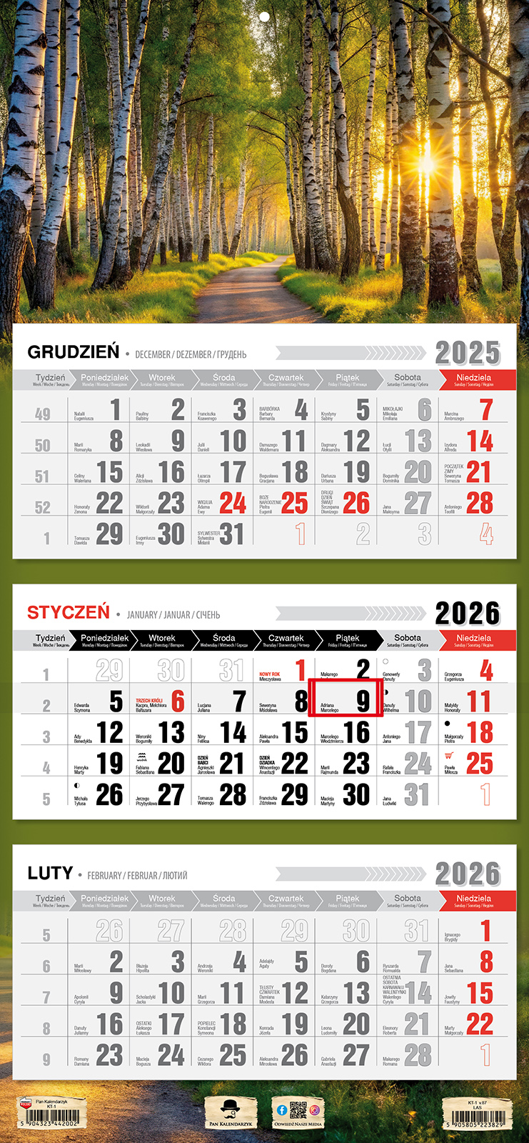 Kalendarz naścienny trójdzielny 32x68cm 2026 las Pan Kalendarzyk