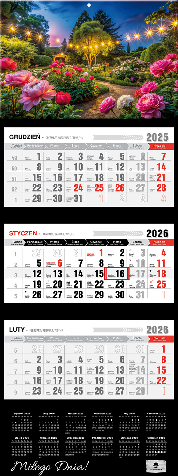 Kalendarz naścienny trójdzielny 32x81cm 2026 romantico Pan Kalendarzyk