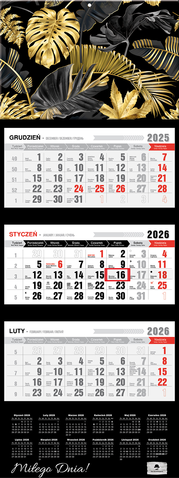 Kalendarz naścienny trójdzielny 32x81cm 2026 glamour Pan Kalendarzyk