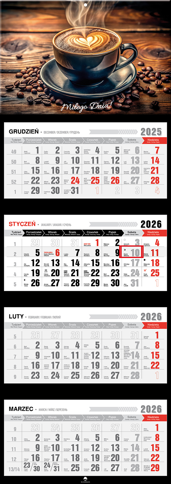 Kalendarz naścienny czterodzielny 32x89cm 2026 kawa Pan Kalendarzyk