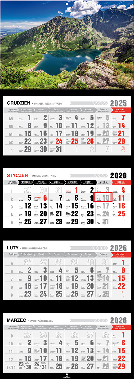Kalendarz naścienny czterodzielny 32x89cm 2026 Tatry Pan Kalendarzyk