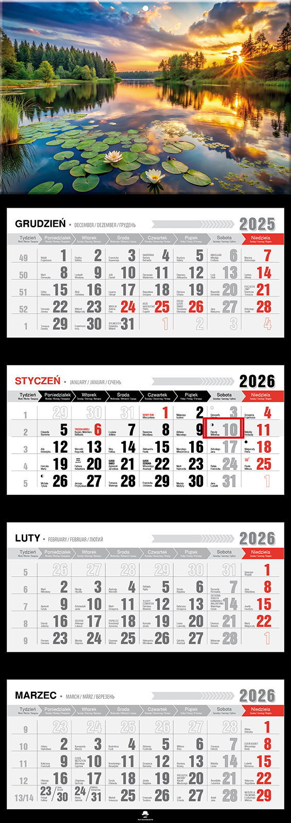 Kalendarz naścienny czterodzielny 32x89cm 2026 Mazury Pan Kalendarzyk