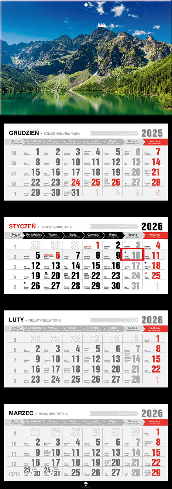 Kalendarz naścienny czterodzielny 32x89cm 2026 Tatry Pan Kalendarzyk
