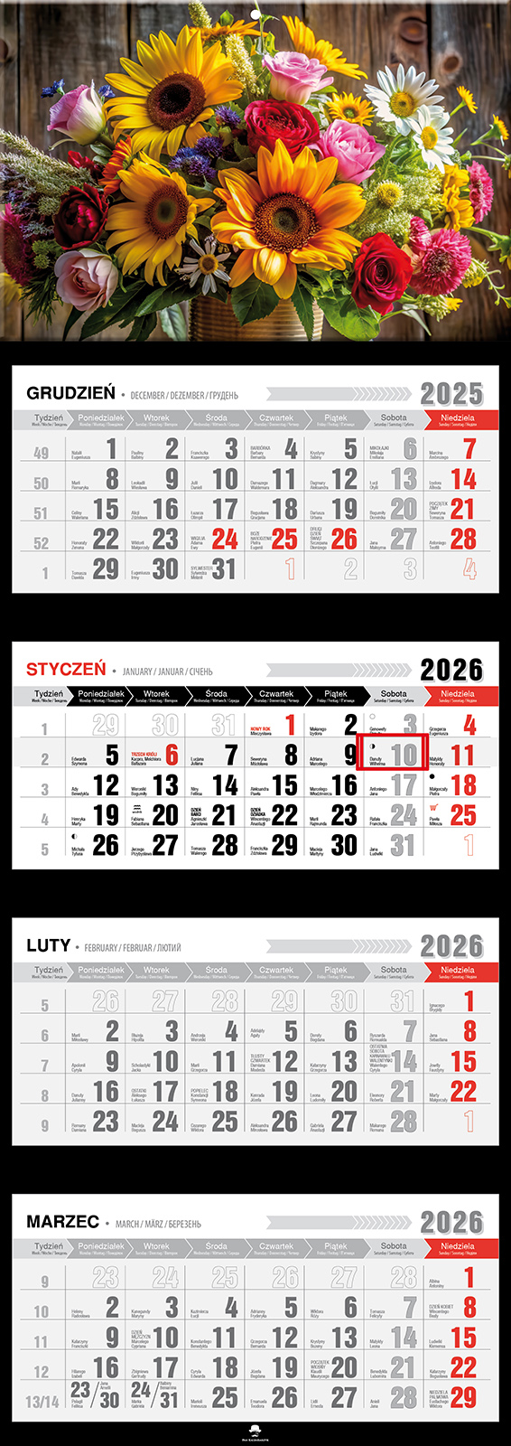 Kalendarz naścienny czterodzielny 32x89cm 2026 kwiaty Pan Kalendarzyk