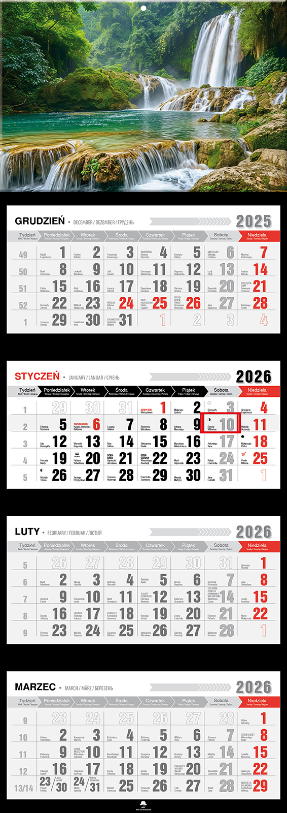 Kalendarz naścienny czterodzielny 32x89cm 2026 wodospad Pan Kalendarzyk