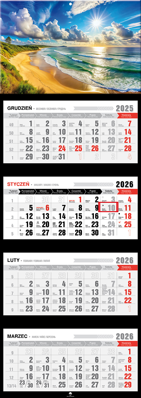 Kalendarz naścienny czterodzielny 32x89cm 2026 plaża Pan Kalendarzyk