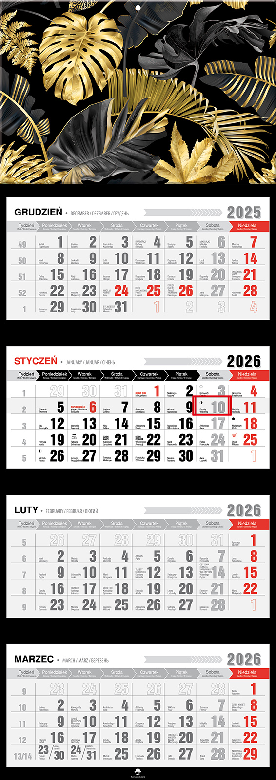 Kalendarz naścienny czterodzielny 32x89cm 2026 glamour Pan Kalendarzyk