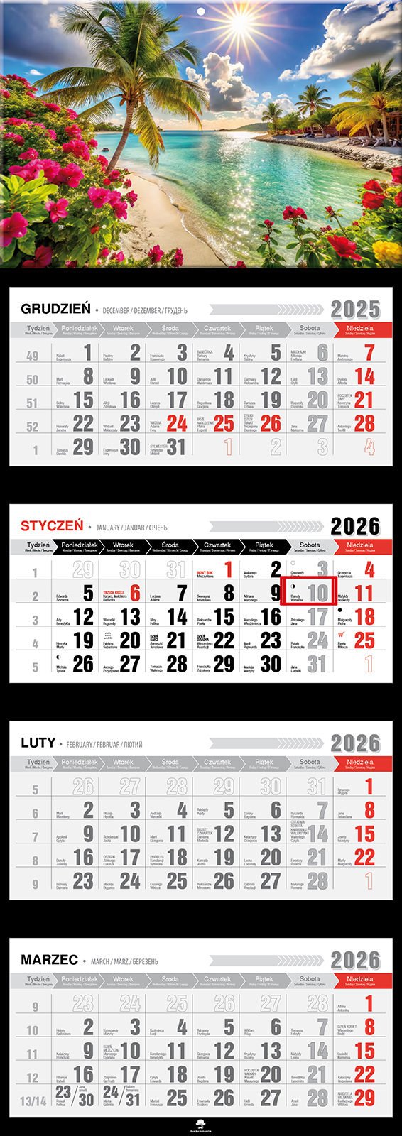 Kalendarz naścienny czterodzielny 32x89cm 2026 Malediwy Pan Kalendarzyk