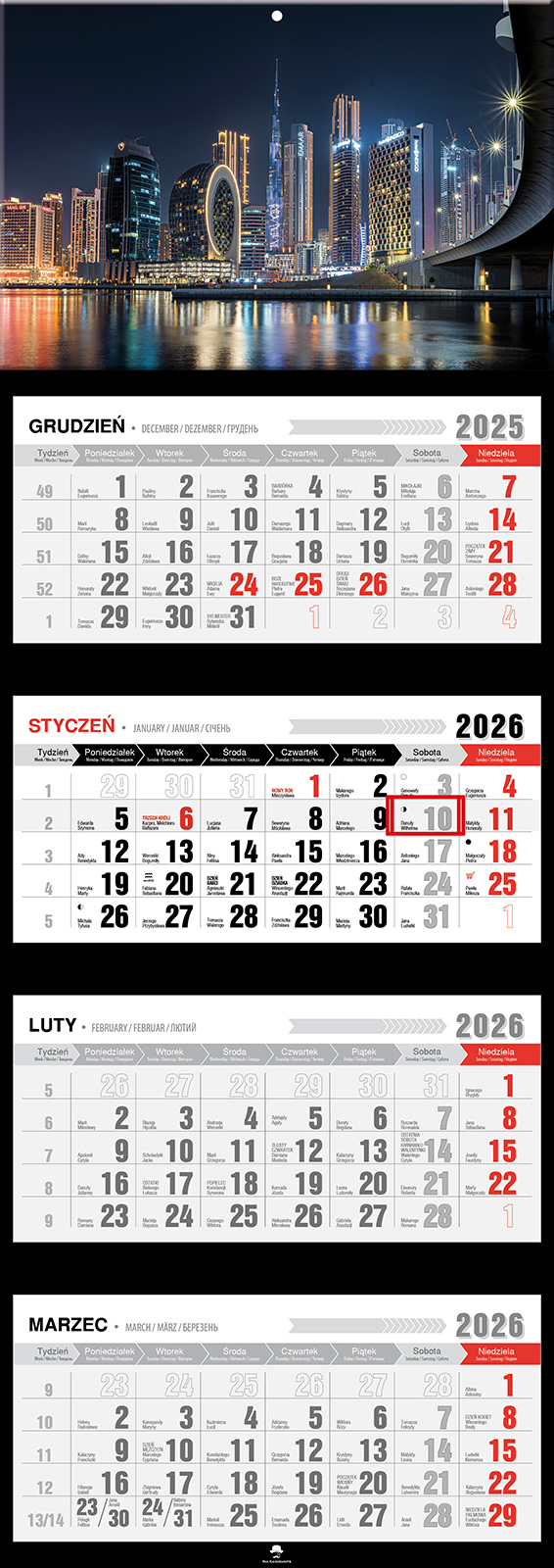Kalendarz naścienny czterodzielny 32x89cm 2026 city Pan Kalendarzyk