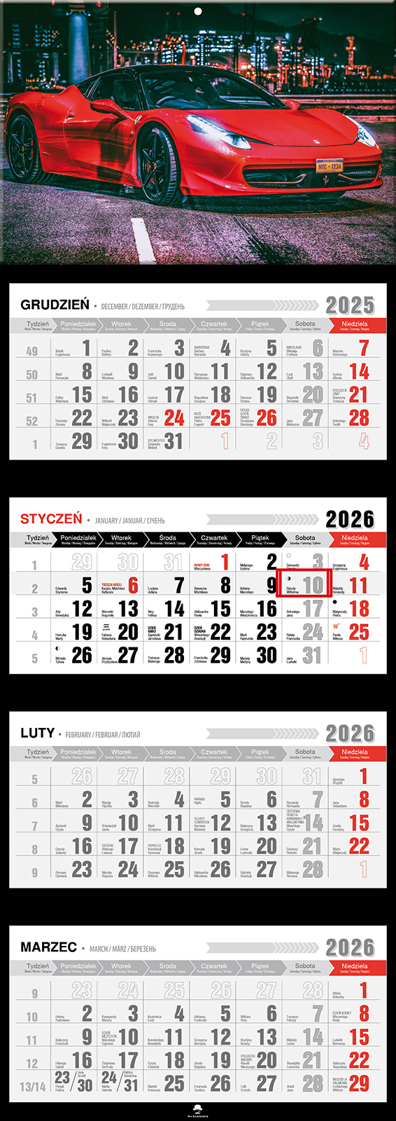 Kalendarz naścienny czterodzielny 32x89cm 2026 car Pan Kalendarzyk