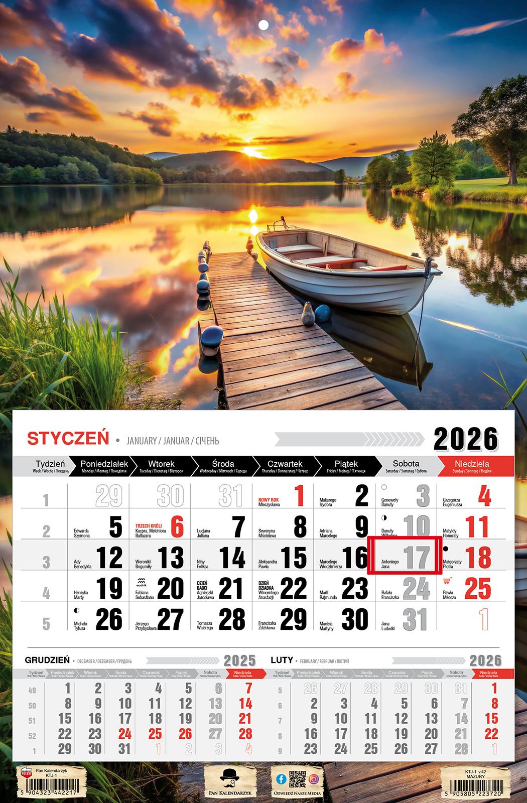 Kalendarz naścienny jednodzielny 32x48cm 2026 Mazury Pan Kalendarzyk