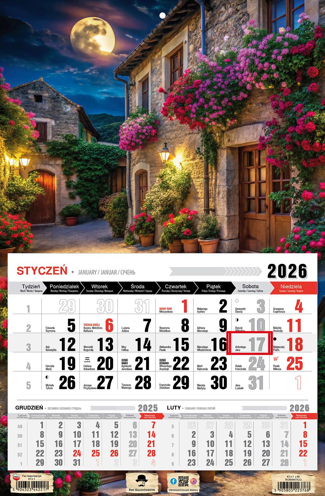 Kalendarz naścienny jednodzielny 32x48cm 2026 romantico Pan Kalendarzyk