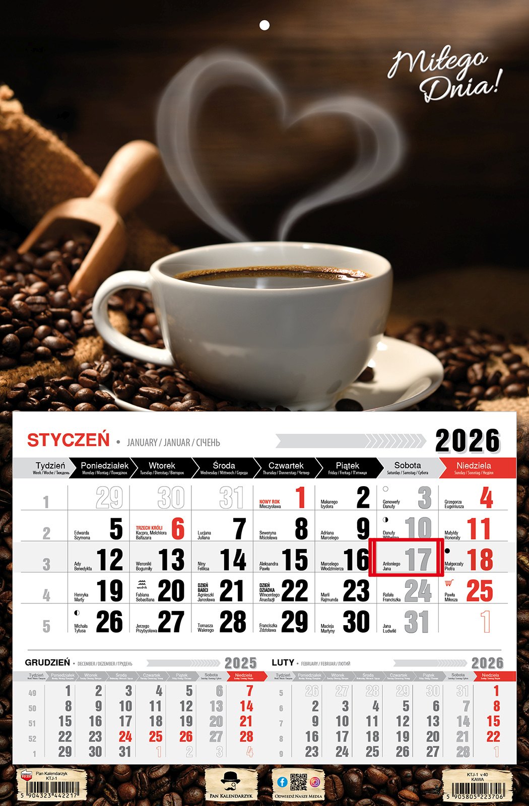 Kalendarz naścienny jednodzielny 32x48cm 2026 kawa Pan Kalendarzyk