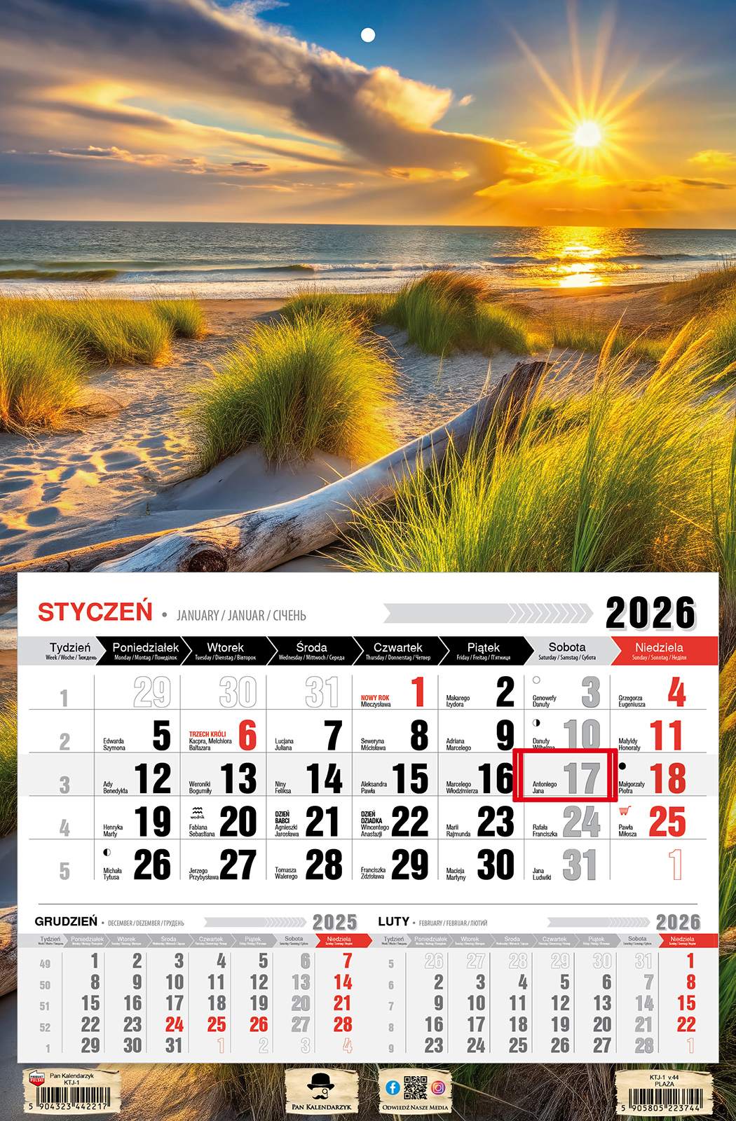 Kalendarz naścienny jednodzielny 32x48cm 2026 plaża Pan Kalendarzyk