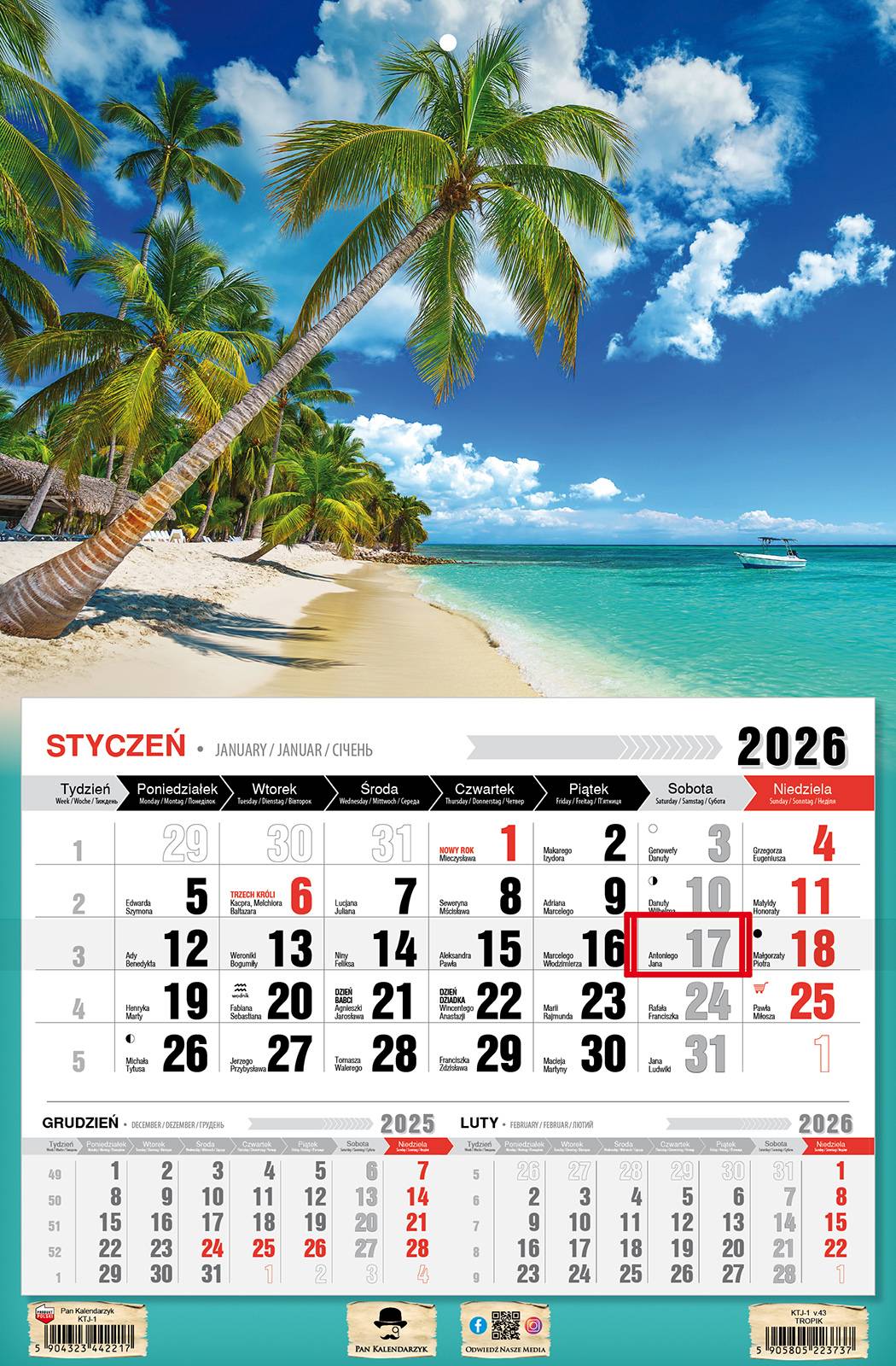 Kalendarz naścienny jednodzielny 32x48cm 2026 tropik Pan Kalendarzyk