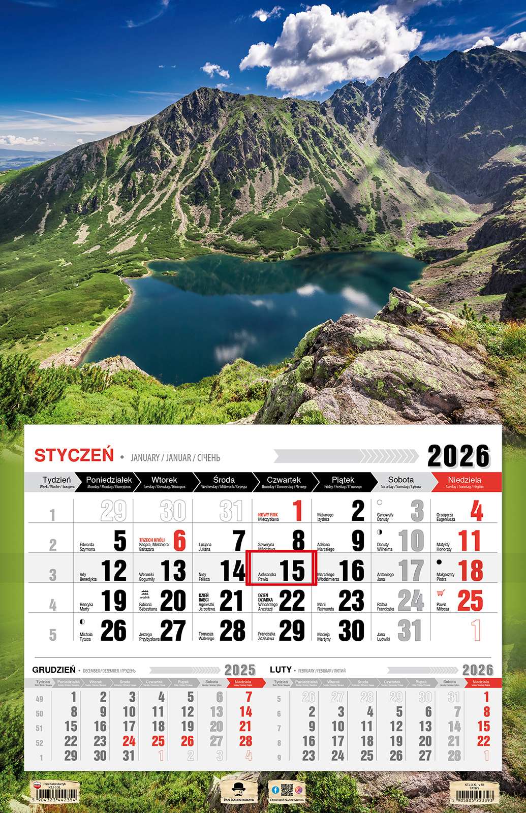 Kalendarz naścienny jednodzielny 44x68cm 2026 Tatry Pan Kalendarzyk