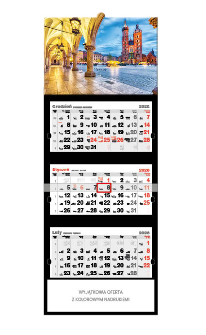 Kalendarz naścienny trójdzielny 32x86cm 2026 Kraków Jotan