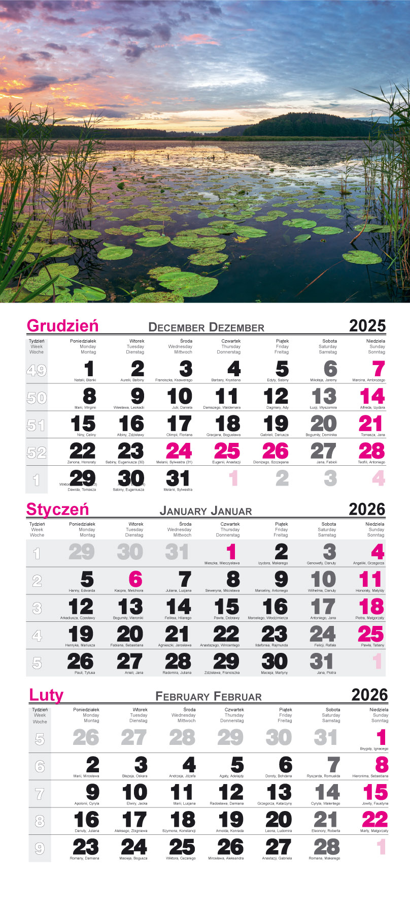 Kalendarz naścienny trójdzielny 28x68cm 2026 jezioro Radwan