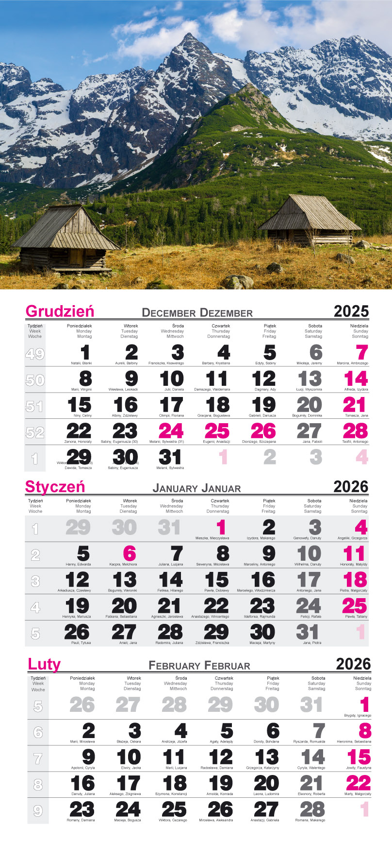 Kalendarz naścienny trójdzielny 28x68cm 2026 Tatry Radwan