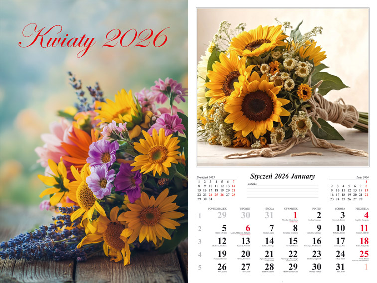 Kalendarz naścienny wieloplanszowy 32x48cm 2026 kwiaty Radwan