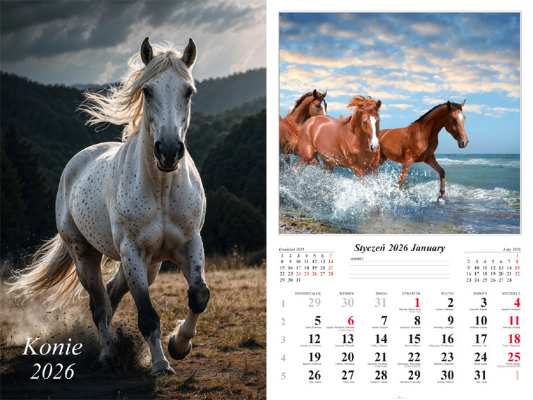 Kalendarz naścienny wieloplanszowy 32x48cm 2026 konie Radwan