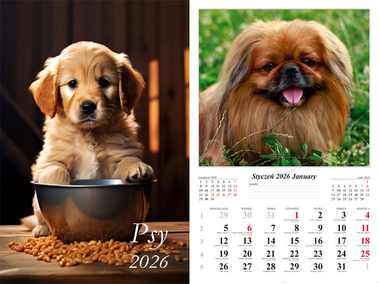 Kalendarz naścienny wieloplanszowy 32x48cm 2026 psy Radwan