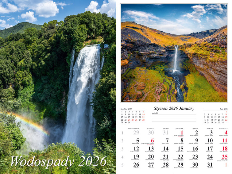 Kalendarz naścienny wieloplanszowy 32x48cm 2026 wodospady Radwan