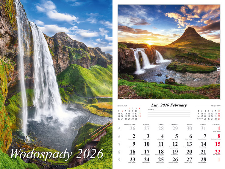 Kalendarz naścienny wieloplanszowy 32x48cm 2026 wodospady Radwan