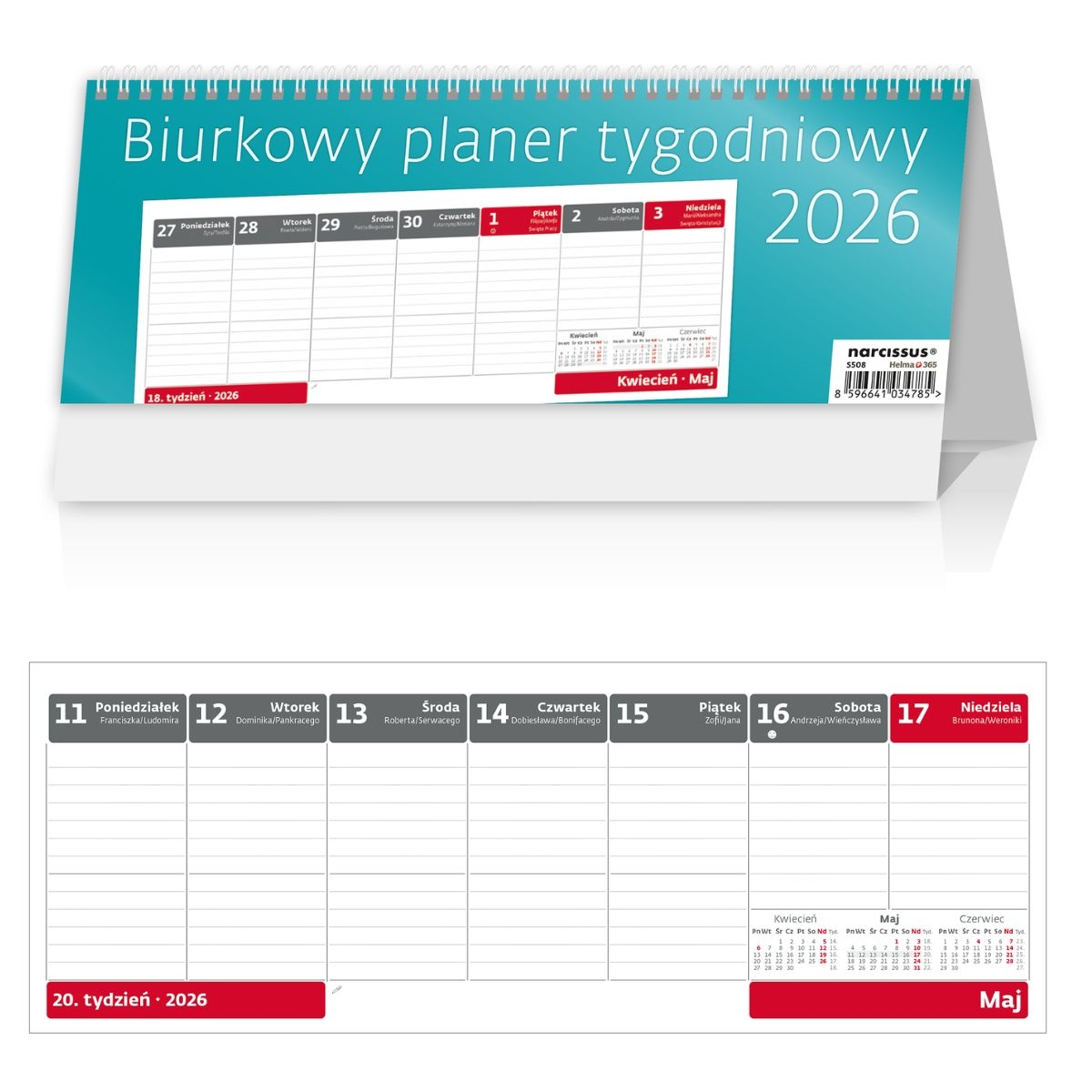 Kalendarz biurkowy poziomy tygodniowy 19x29cm 2026 Planer Helma