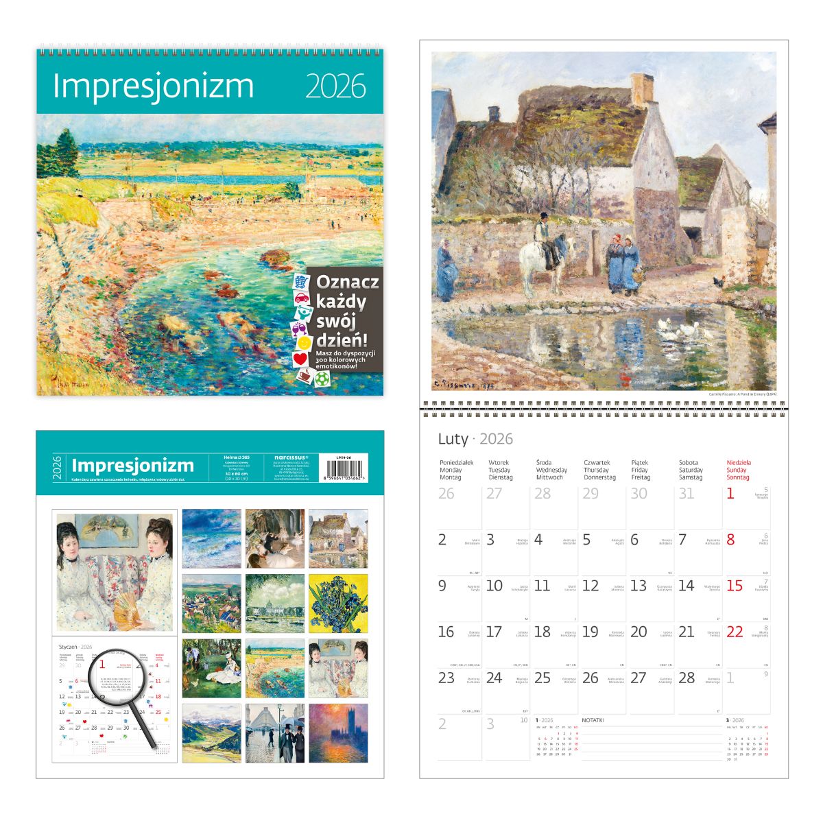 Kalendarz naścienny wieloplanszowy z naklejkami 30x60cm 2026 impresjonizm Helma
