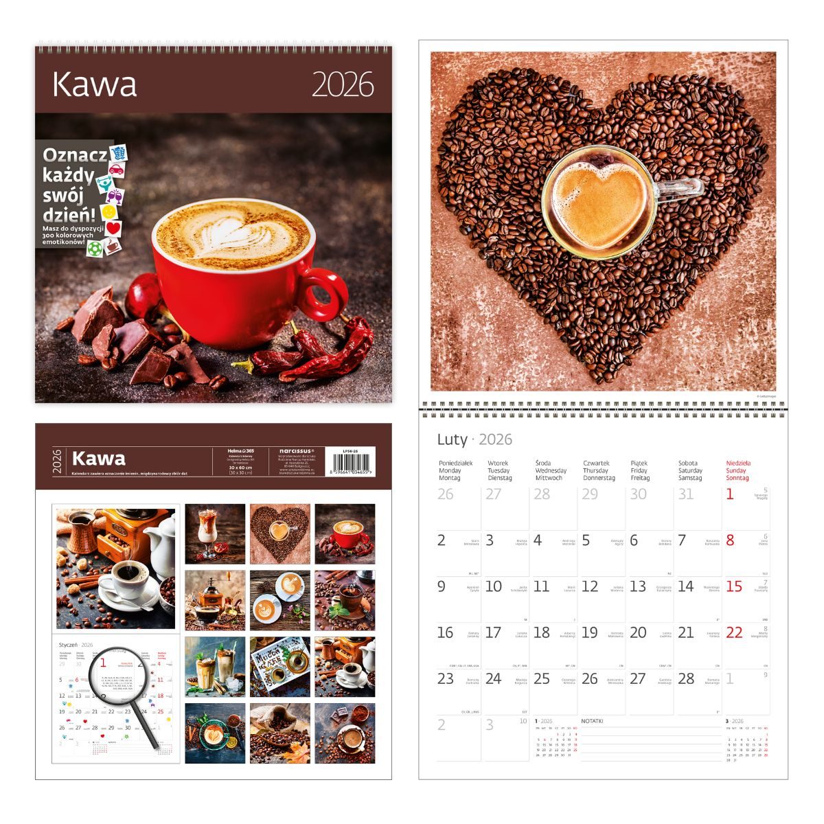 Kalendarz naścienny wieloplanszowy z naklejkami 30x60cm 2026 kawa Helma