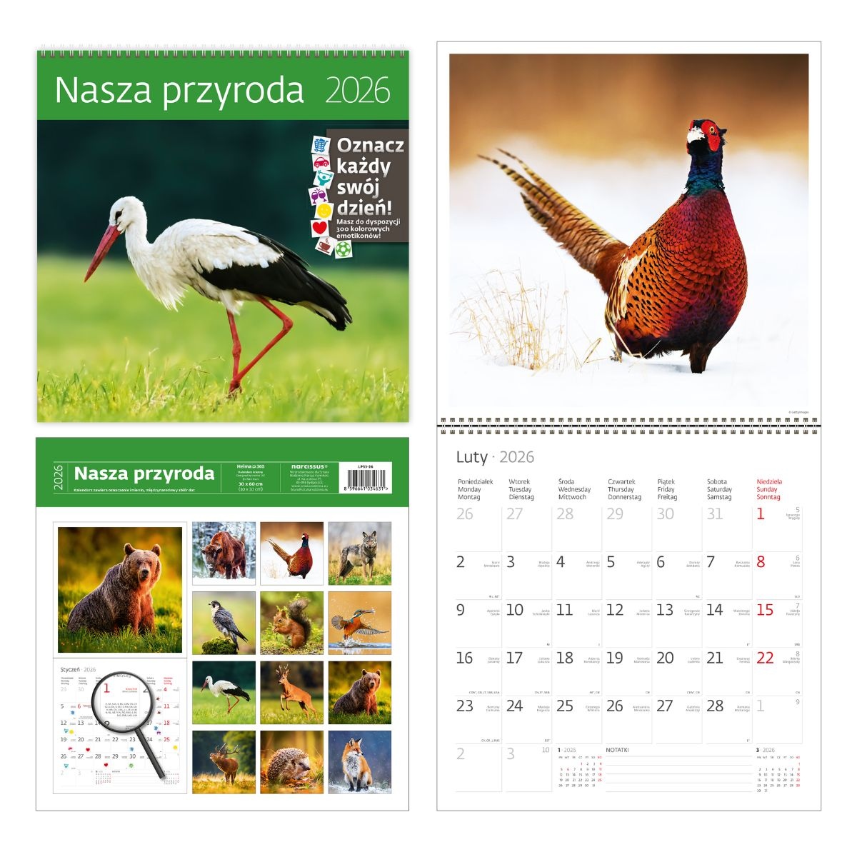 Kalendarz naścienny wieloplanszowy z naklejkami 30x60cm 2026 nasza przyroda Helma