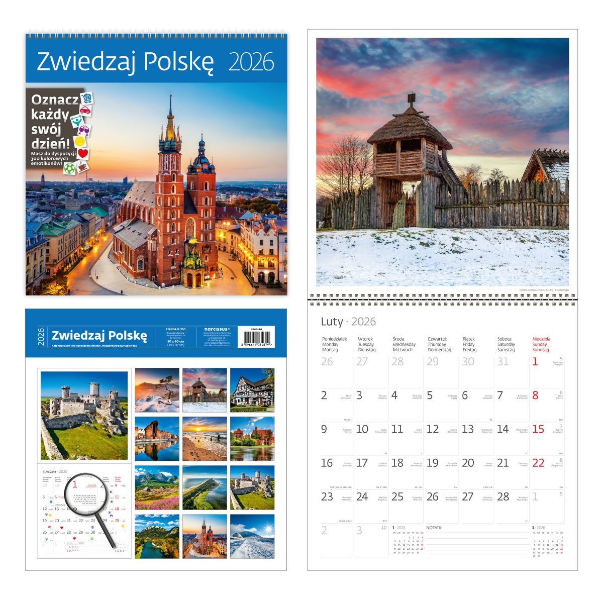 Kalendarz naścienny wieloplanszowy z naklejkami 30x60cm 2026 zwiedzaj Polskę Helma