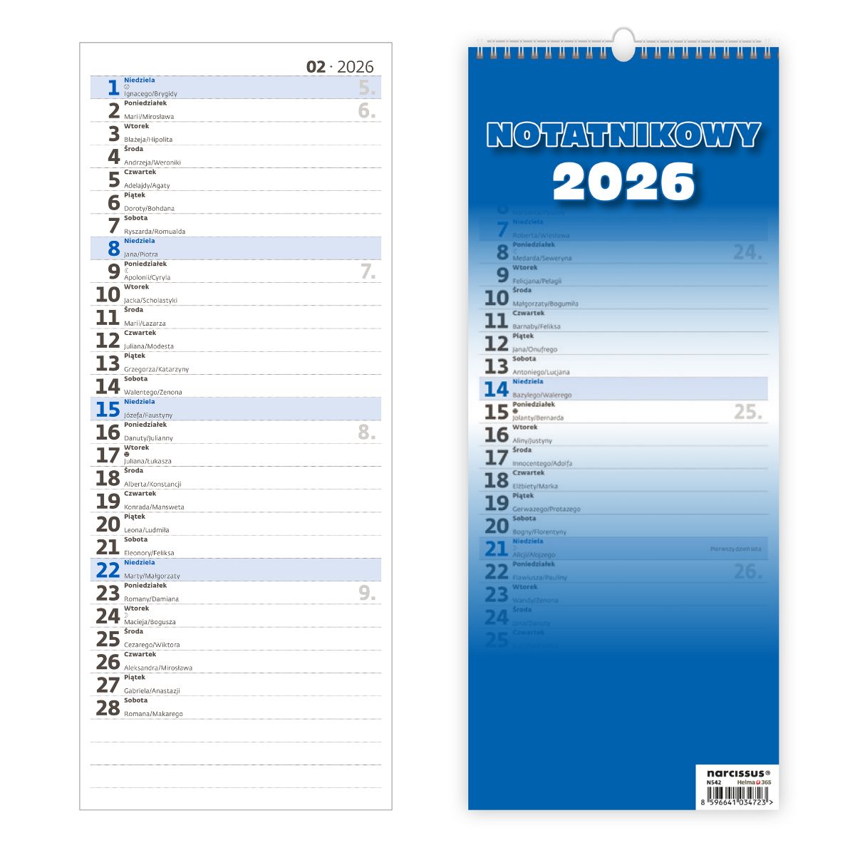 Kalendarz notatnikowy wieloplanszowy 14x34cm 2026 Slim Helma