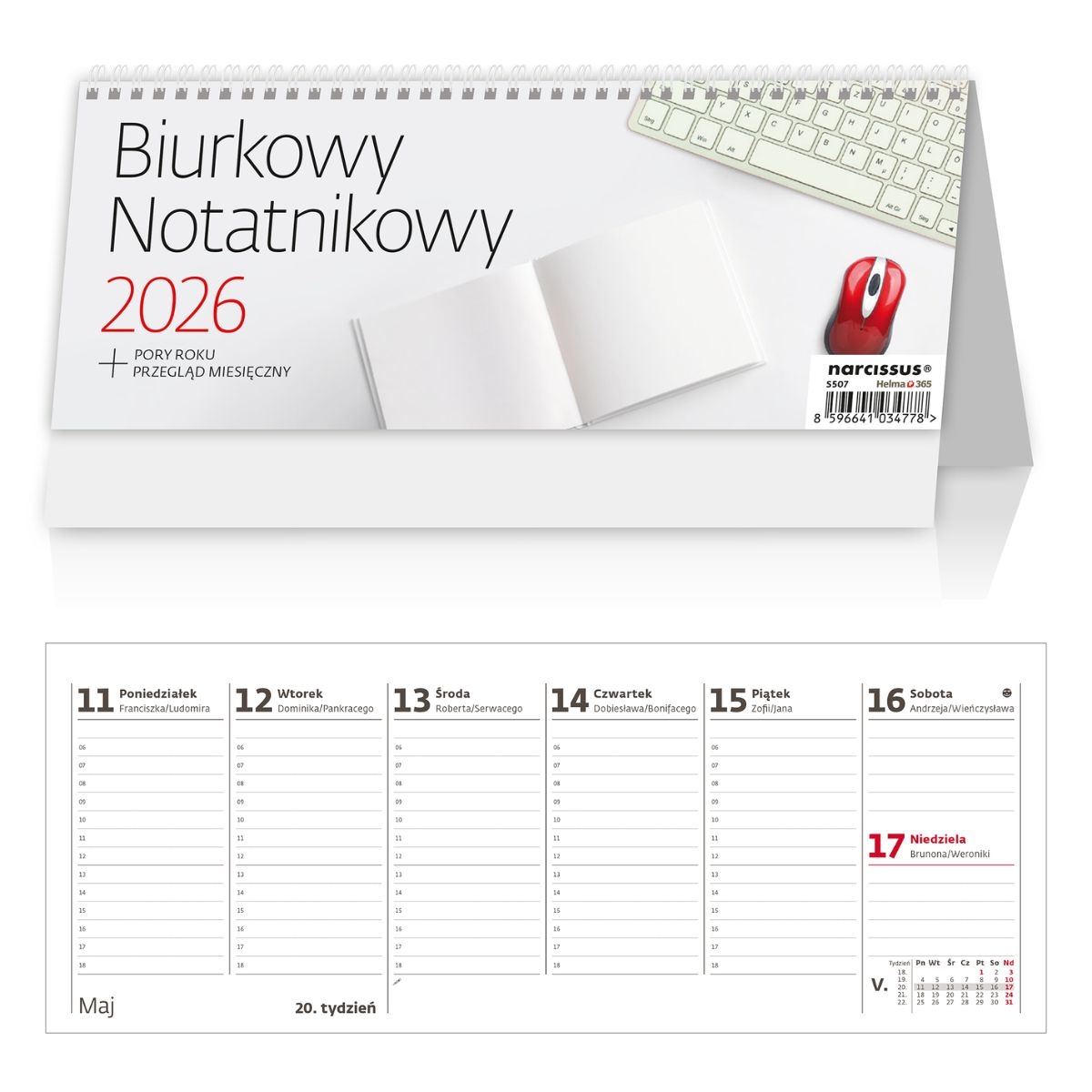 Kalendarz biurkowy poziomy tygodniowy 24x10cm 2026 notatnikowy Helma
