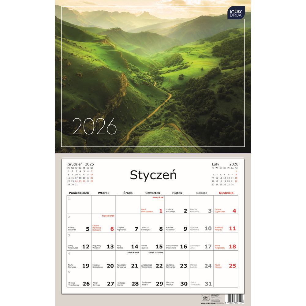Kalendarz naścienny jednodzielny 32x50cm 2026 widok Interdruk